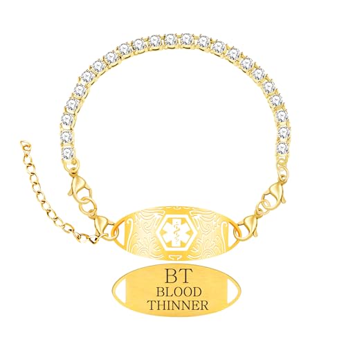 Oneress Damen Medizinisches Alarmarmband - Vergoldeter Medizinischer ID-Schmuck Mit Individueller Gravur, Stilvolles Diabetes- Und Epilepsie-Alarmarmband YA6004 Gold BLOOD von Oneress