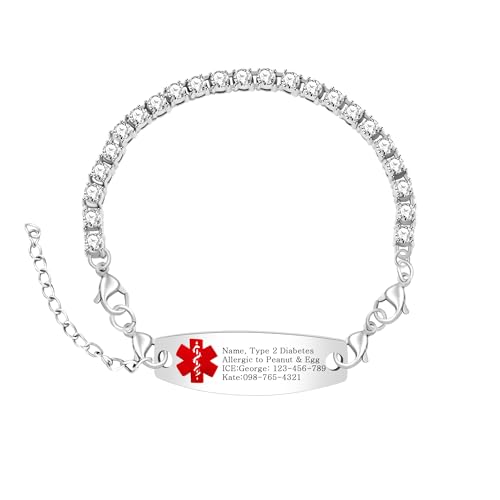 Oneress Damen Medizinisches Notfallarmband - Rotes Schlangenstab-Symbol Tennis-Design, Personalisiertes Blutverdünner-Alarm-Schmuck Mit Gravur YA6001-BaiHong von Oneress