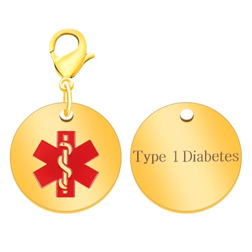 Oneress Diabetes Typ 1 Alarm-Schlüsselanhänger, goldener Edelstahl-Notfall-ID für Frauen, Outdoor-Sicherheits-Schmuck mit rotem Symbol, YA4679 Gold-TYP 1 von Oneress