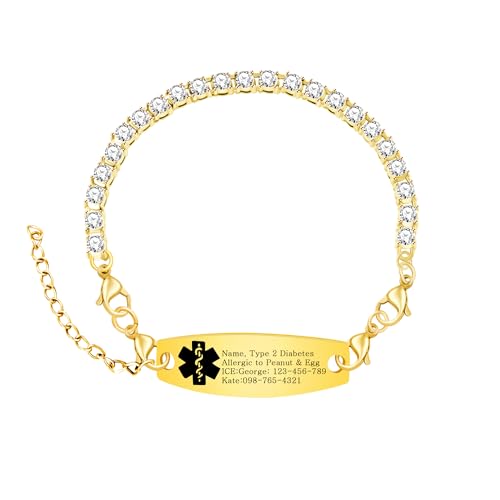Oneress Goldenes Medizinisches Alarmarmband - Minimalistischer Graviertes Gesundheits-ID-Schmuck Für Damen, Langlebiges Notfall-Kontakt-Sicherheitsarmband YA6001-JinHei von Oneress