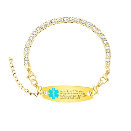 Oneress Personalisierbares Medizinisches ID-Armband - Mode-Rhinestone-Notfallschmuck, Verstellbare Edelstahl-Alarmarmbänder YA6001-Gold DIY von Oneress