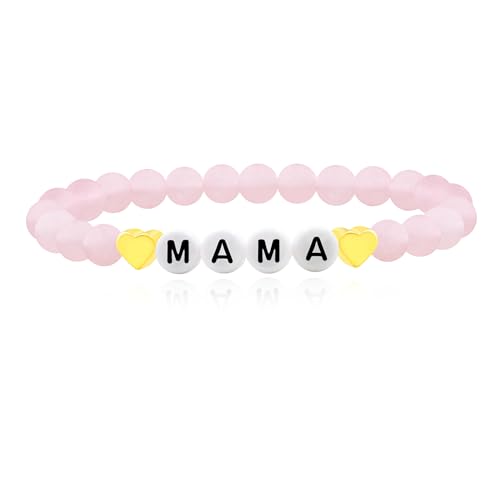 Oneress Pink Quarz Armband für Mama | Handgemachte Perlenarmbänder mit Herz-Anhänger | Buchstabenarmband-Geschenk zum Muttertag | Schicker Boho-Schmuck für Frauen YA5152-Mama von Oneress
