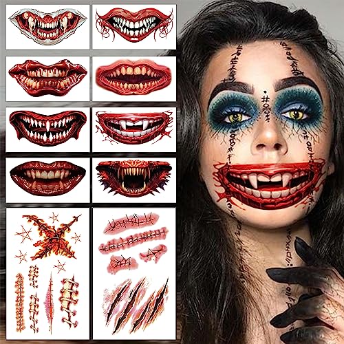 Halloween Mund Tattoo Set, Halloween Tattoo Gesicht Tattoos Aufkleber Temporäre, Halloween Narben Wunden Tattoo Sticker, Kostüm Zubehör Vampirzähne Clown, Für Erwachsene Kinder von Oneshlee