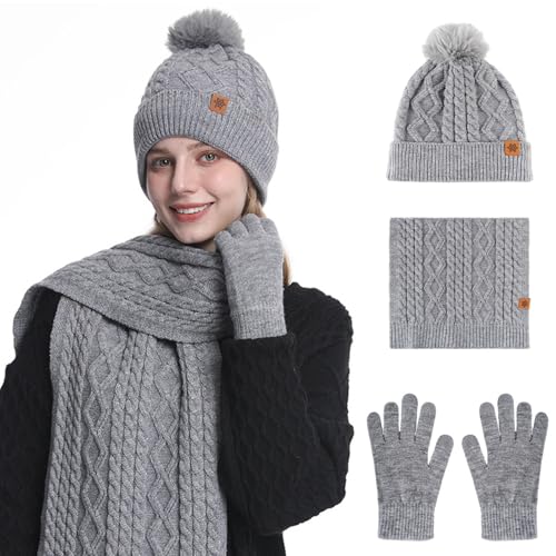 Mütze, Schal & Handschuh-Sets Für Damen 3 In 1, Stricmütze Mit Bommel Damen, Flauschige Und Warme Touchscreen Handschuhe, Strickschal Strickhandschuhe Beanie Wintermütze Wärmer Pudelmütze (Grau) von Oneshlee