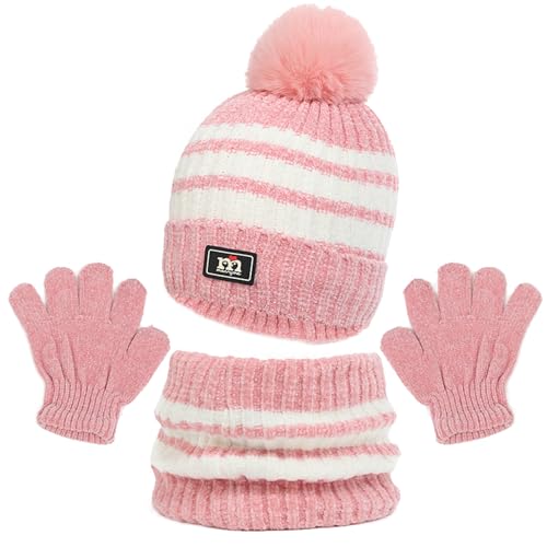 Oneshlee Mütze Schal Handschuhe Set Kinder Winter, Winterhandschuhe Loop Schal Wintermütze Strick Strickmütze Für Mädchen Jungen 2-10 Jahre, Warm Thermo Für Outdoor Sport Fahrrad Ski (Rosa) von Oneshlee