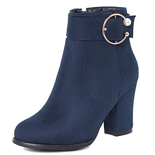Onewus Damen Blockabsatz Stiefel Reißverschluss Stiefeletten (Blau, 43 EU) von Onewus