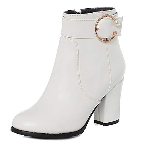 Onewus Damen Blockabsatz Stiefel Reißverschluss Stiefeletten (Pu Weiß, 44 EU) von Onewus