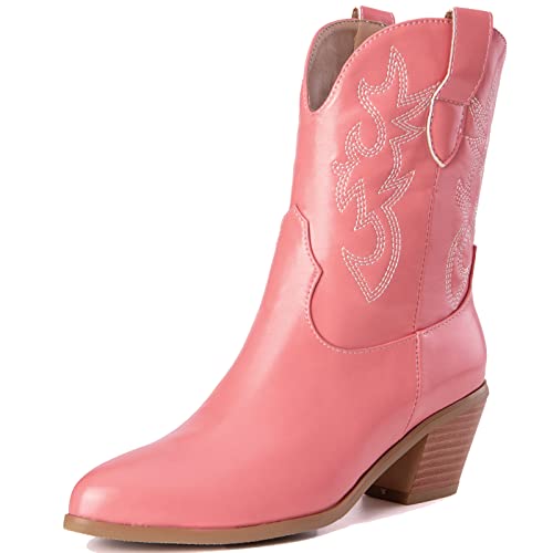 Onewus Damen Cowboy Kurze Stiefel Western Stiefel - Retro Cowgirl Stiefeletten (Rosa, 48) von Onewus