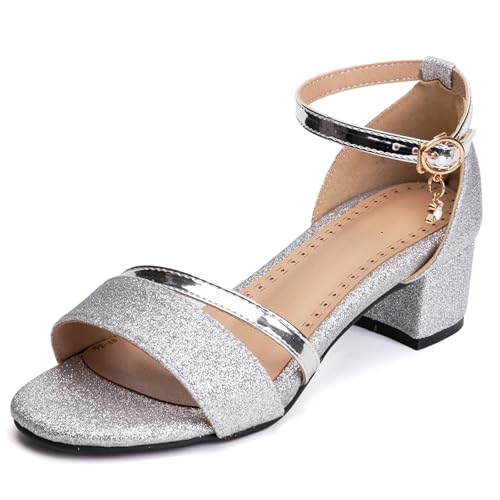 Onewus Damen Sandalen Blockabsatz 5,5 cm Silber Glitzer - Bequeme atmungsaktive Innensohle mit Schnallenverschluss - Silber 38 (Größentipp: 1 Größe größer bestellen) von Onewus
