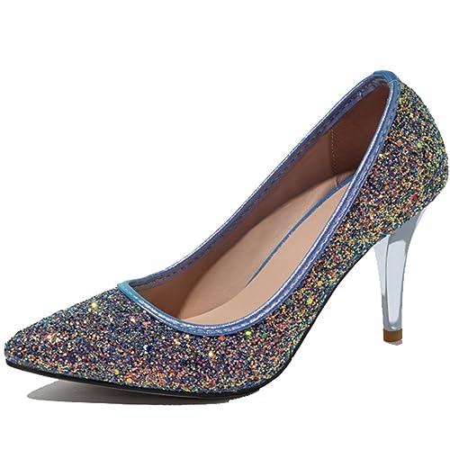 Onewus Damen Funkelnde Spitze Stiletto-Absätze - Schimmernde Tanzparty High Heel Pumps (Blau, 44) von Onewus