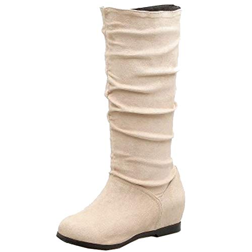 Onewus Damen Keilabsatz Langschaft Stiefel mit Runder Zehe (Beige, 38 EU) von Onewus