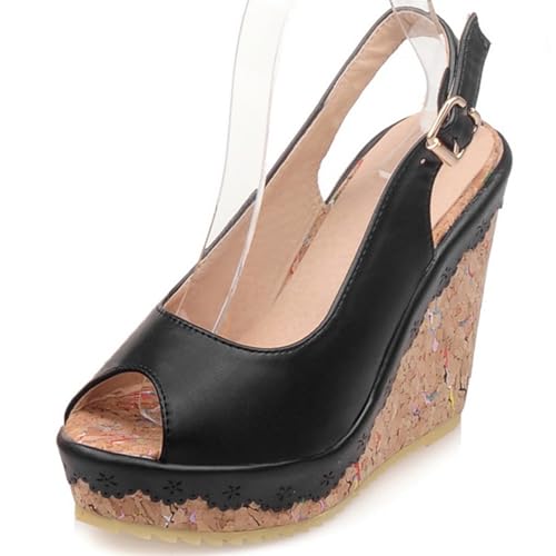 Onewus Damen Keilabsatz Sandalen mit Plateau - Retro Dorfstil Fischmaul-Design | Verstellbare Riemchen | Bequeme 11,5 cm Absatzhöhe (Schwarz, EU 41) von Onewus