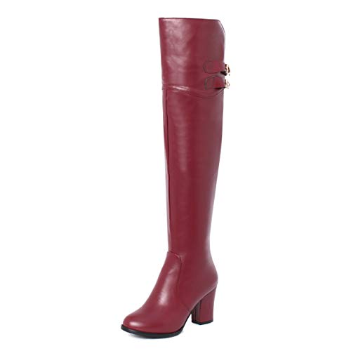 Onewus Damen Knie Hoch Stiefel mit Blockabsatz Reißverschluss Schuhe (Pu Weinrot, 40 EU) von Onewus