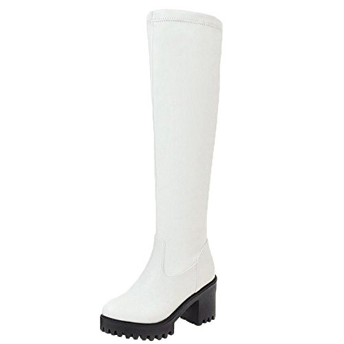 Onewus Damen Knie Hoch Stiefel mit Blockabsatz Runde Zehe Plateau Langschaft Stiefel (White, 43 EU) von Onewus