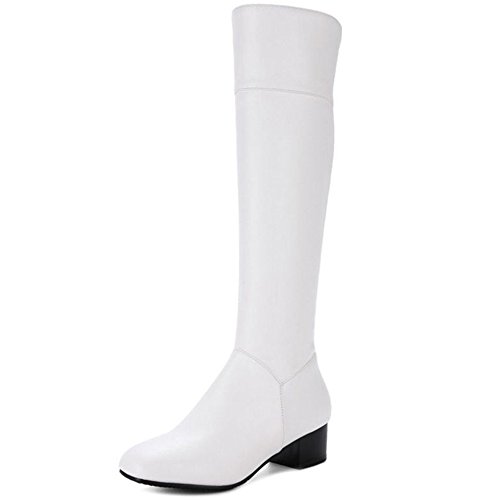 Onewus Damen Knie Hoch Stiefel mit Flach Absatz Langschaft Stiefel (Weiß, 34 EU) von Onewus