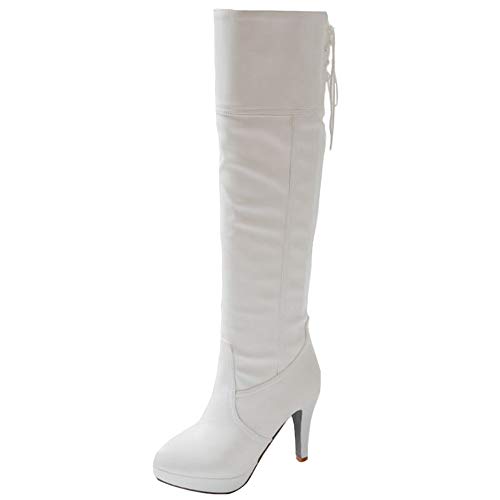 Onewus Damen Knie Hoch Stiefel mit Hohem Absatz Langschaft Stiefel (Weiß, 37 EU) von Onewus