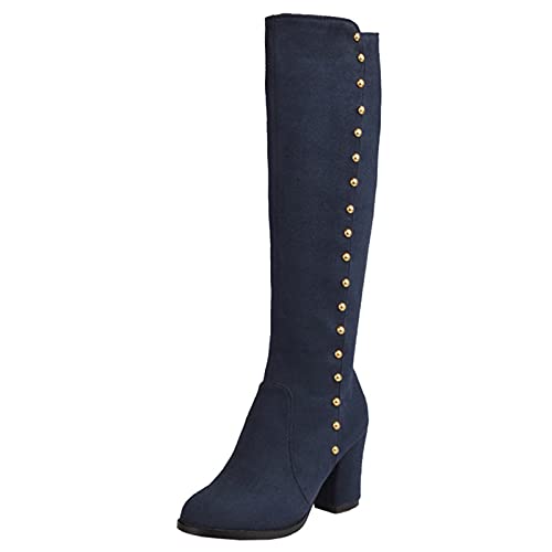 Onewus Damen Kniehohe Stiefel mit Blockabsatz und abgerundeter Spitze (Blau, 38 EU) von Onewus