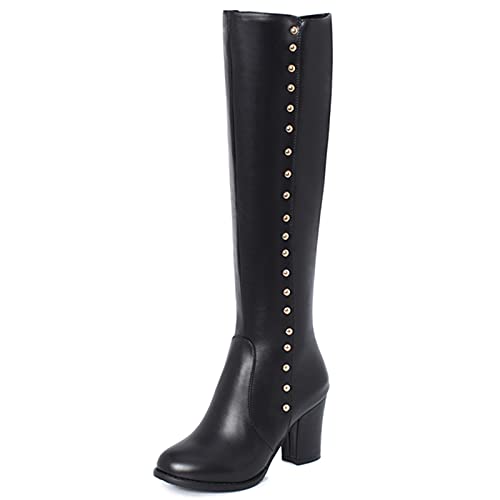 Onewus Damen Kniehohe Stiefel mit Blockabsatz und abgerundeter Spitze (Pu Schwarz, 50 EU) von Onewus