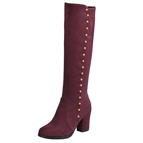 Onewus Damen Kniehohe Stiefel mit Blockabsatz und abgerundeter Spitze (Rotwein, 37 EU) von Onewus