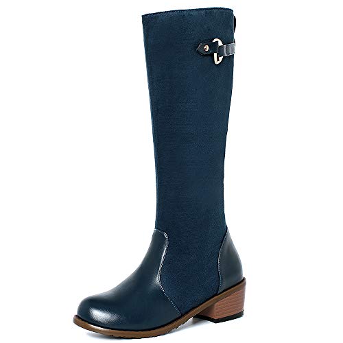 Onewus Damen Kniehohe Stiefel mit niedrigem, klobigem Absatz und Abgerundeter Spitze (Blau, 40 EU) von Onewus