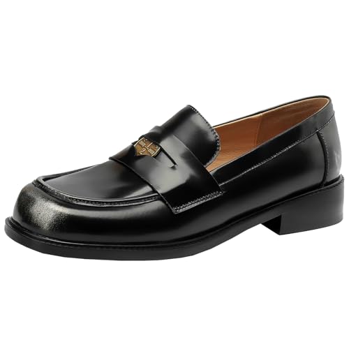 Onewus Damen Loafer mit niedrigen, klobigen Absätzen - Damen Slip-on-Freizeitschuhe (Schwarz, 44) von Onewus