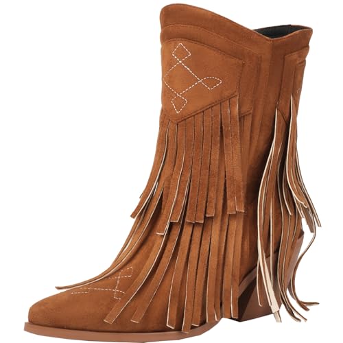 Onewus Damen Mode Fransen Farbblock Bestickte Klassische Stiefeletten (Braun, 39 EU) von Onewus