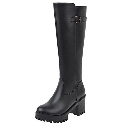 Onewus Damen Plateau Langschaft Stiefel mit Blockabsatz Runde Zehe (Black, 45 EU) von Onewus