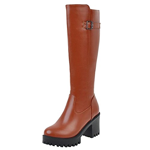 Onewus Damen Plateau Langschaft Stiefel mit Blockabsatz Runde Zehe (Brown, 39 EU) von Onewus