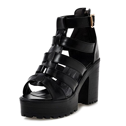 Onewus Damen Sandalen mit Blockabsatz - Römische Plateau Sandaletten aus Lackleder (Schwarz, 36) von Onewus
