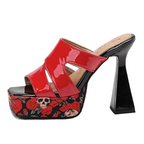 Onewus Damen Schlupf Absatzschuhe | 12cm Blockabsatz Sandaletten mit Blumenprint (Rot, 34 EU) von Onewus