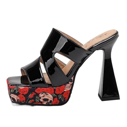 Onewus Damen Schlupf Absatzschuhe | 12cm Blockabsatz Sandaletten mit Blumenprint (Schwarz, 38 EU) von Onewus