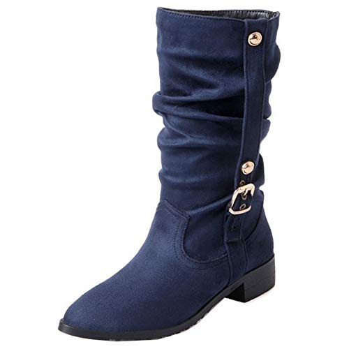 Onewus Damen Slouch Boots mit flachem Absatz und spitzer Zehenpartie (Blau, 39 EU) von Onewus