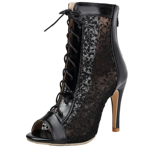 Onewus Damen Sommerstiefel mit transparentem Material und Schnürung - Peep Toe Boots mit dünnen Absätzen (Schwarz,39) von Onewus