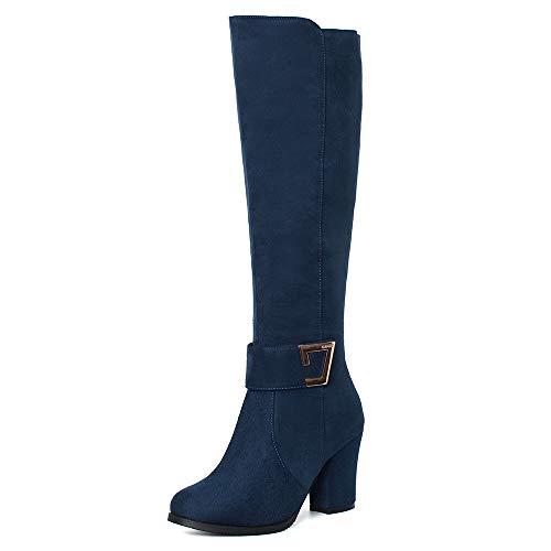 Onewus Damen Stiefel mit Blockabsatz Reißverschluss Langschaft Stiefel (Blau, 38 EU) von Onewus