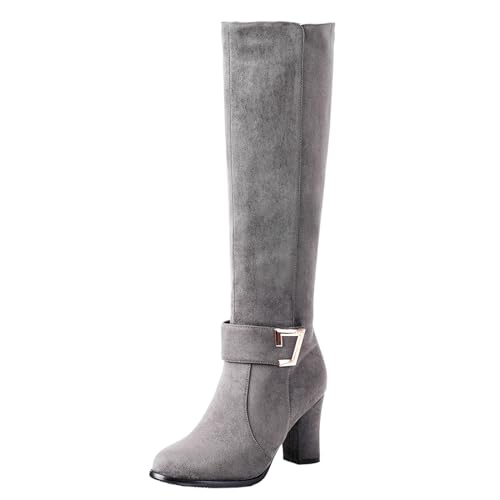 Onewus Damen Stiefel mit Blockabsatz Reißverschluss Langschaft Stiefel (Grau, 37 EU) von Onewus
