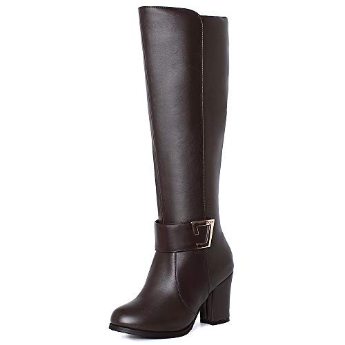 Onewus Damen Stiefel mit Blockabsatz Reißverschluss Langschaft Stiefel (PU Bräunen, 38 EU) von Onewus