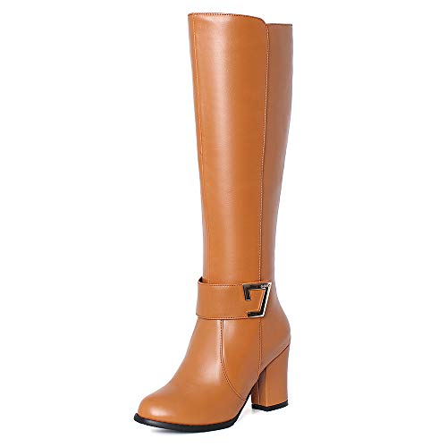 Onewus Damen Stiefel mit Blockabsatz Reißverschluss Langschaft Stiefel (PU Braun, 42 EU) von Onewus