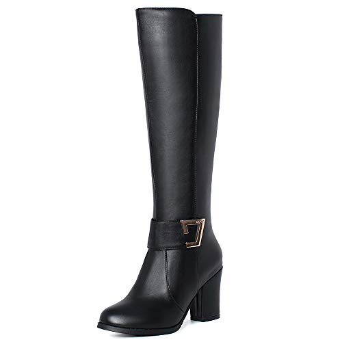 Onewus Damen Stiefel mit Blockabsatz Reißverschluss Langschaft Stiefel (PU Schwarz, 39 EU) von Onewus