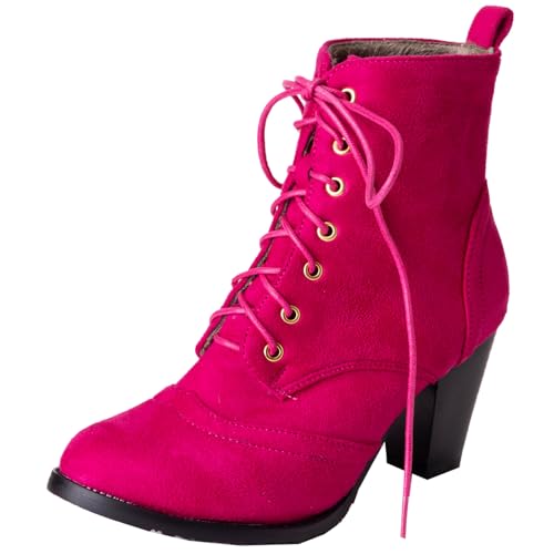 Onewus Damen Stiefel mit Blockabsatz Schnürsenkel Stiefeletten (Matt Fuchsie, 40 EU) von Onewus