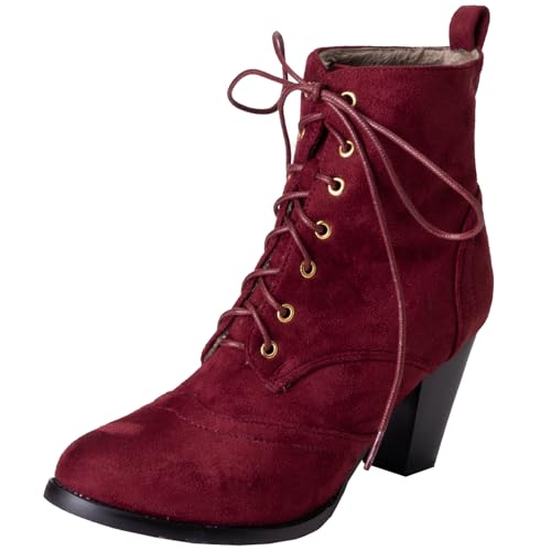 Onewus Damen Stiefel mit Blockabsatz Schnürsenkel Stiefeletten (Matt Weinrot, 39 EU) von Onewus