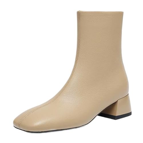 Onewus Damen Stiefeletten Quadratisch Zeite | Elegante Retro Casual Boots mit Seitlichem Reißverschluss (Aprikose-Synthetisches Futter, 37 EU) von Onewus