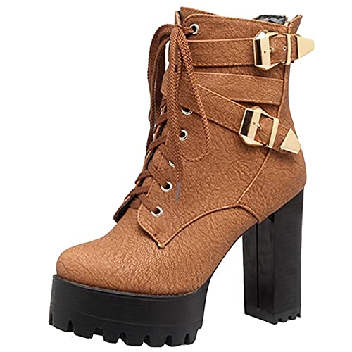 Onewus Damen Stiefeletten mit Absatz Nieten Plateau Ankle Boots (Braun-1, 35 EU) von Onewus