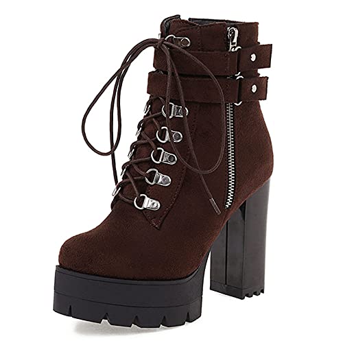 Onewus Damen Stiefeletten mit Absatz Nieten Plateau Ankle Boots (Matt Braun, 38 EU) von Onewus