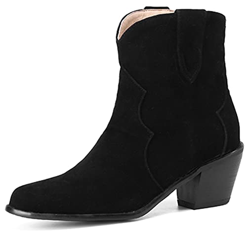 Onewus Damen Vintage Western Boots - Kurze Stiefel mit klobigen Absatz und spitzer Spitze (Schwarz, 40) von Onewus