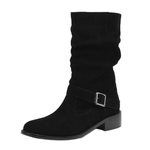 Onewus Damen Western Stiefel | Wildleder Slip-On Mittelschäftstiefel mit Schnalle für Casual (Schwarz-Synthetisches Futter, 39 EU) von Onewus