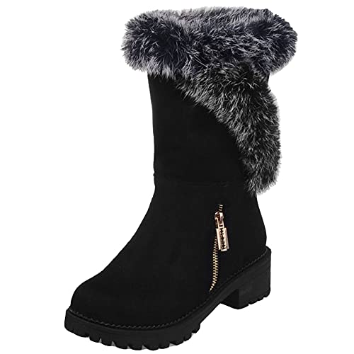 Onewus Damen Winterstiefel mit halbhoher Wade, warmem Kunstpelz und niedrigem Chunky Heel (Schwarz, 46 EU) von Onewus