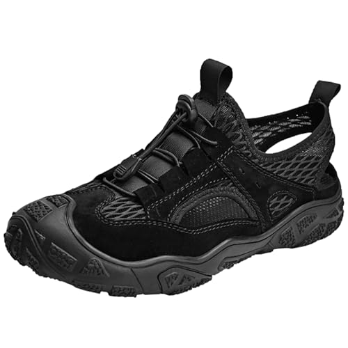 Onewus Freizeit-Sandalen in Übergröße - Atmungsaktives Mesh mit Leder & Zehenschutz für Wandern/Alltag (Schwarz, 39 EU) von Onewus