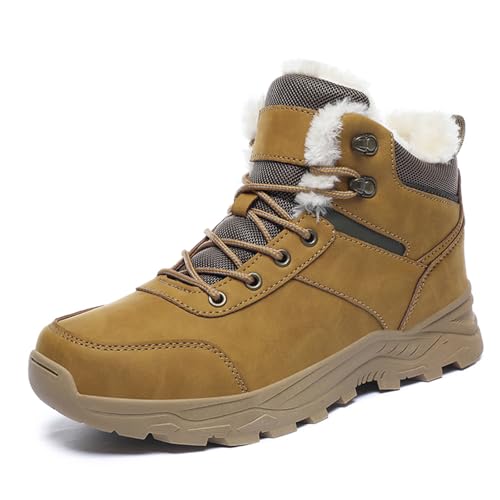 Onewus Herren Outdoor Wanderschuhe Strapazierfähige Schneestiefel mit Rutschfester Laufsohle Dickes Futter für Winteraktivitäten Wasserdicht Atmungsaktiv Bequemes Schuhwerk (Braun, 41 EU) von Onewus