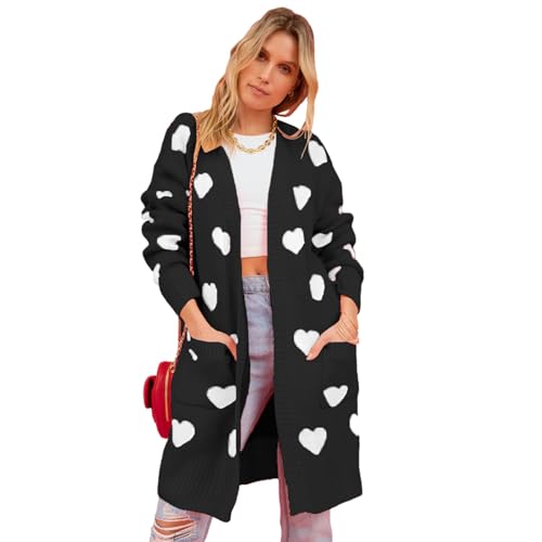 Onewus Lange Strickjacke für Damen mit Taschen und Herz-Print - Mittellanger Damenmantel von Onewus
