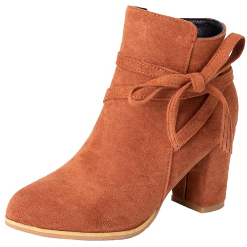Onewus Modische Damen Kurzstiefel mit seitlichem Schleifenbändern und Blockabsatz gefüttert mit warmem Fell für (Dunkelbraun, 50 EU) von Onewus